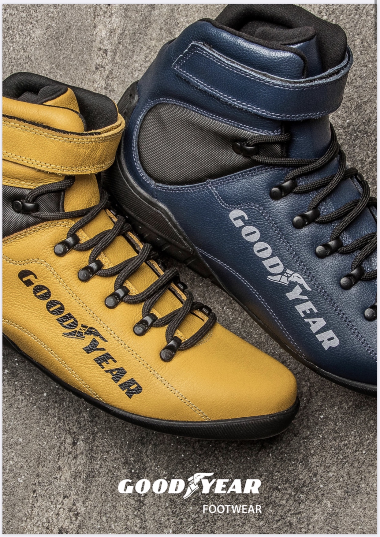 na imagem dois calçados Goodyear um amarelo e um azul marinho